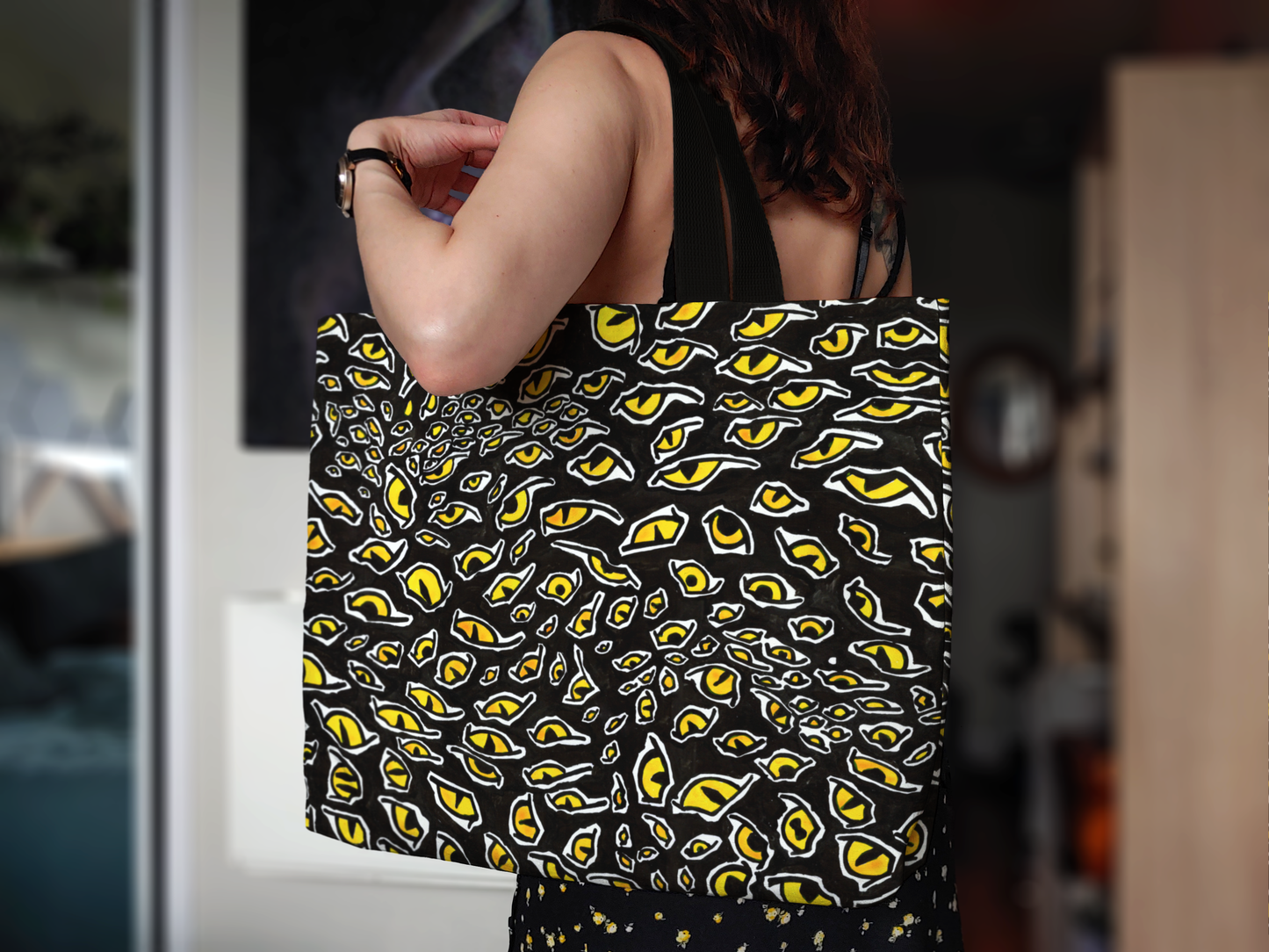 Cotton Canvas Tote Bag, Surreal Cheetah Evil Eye Pattern