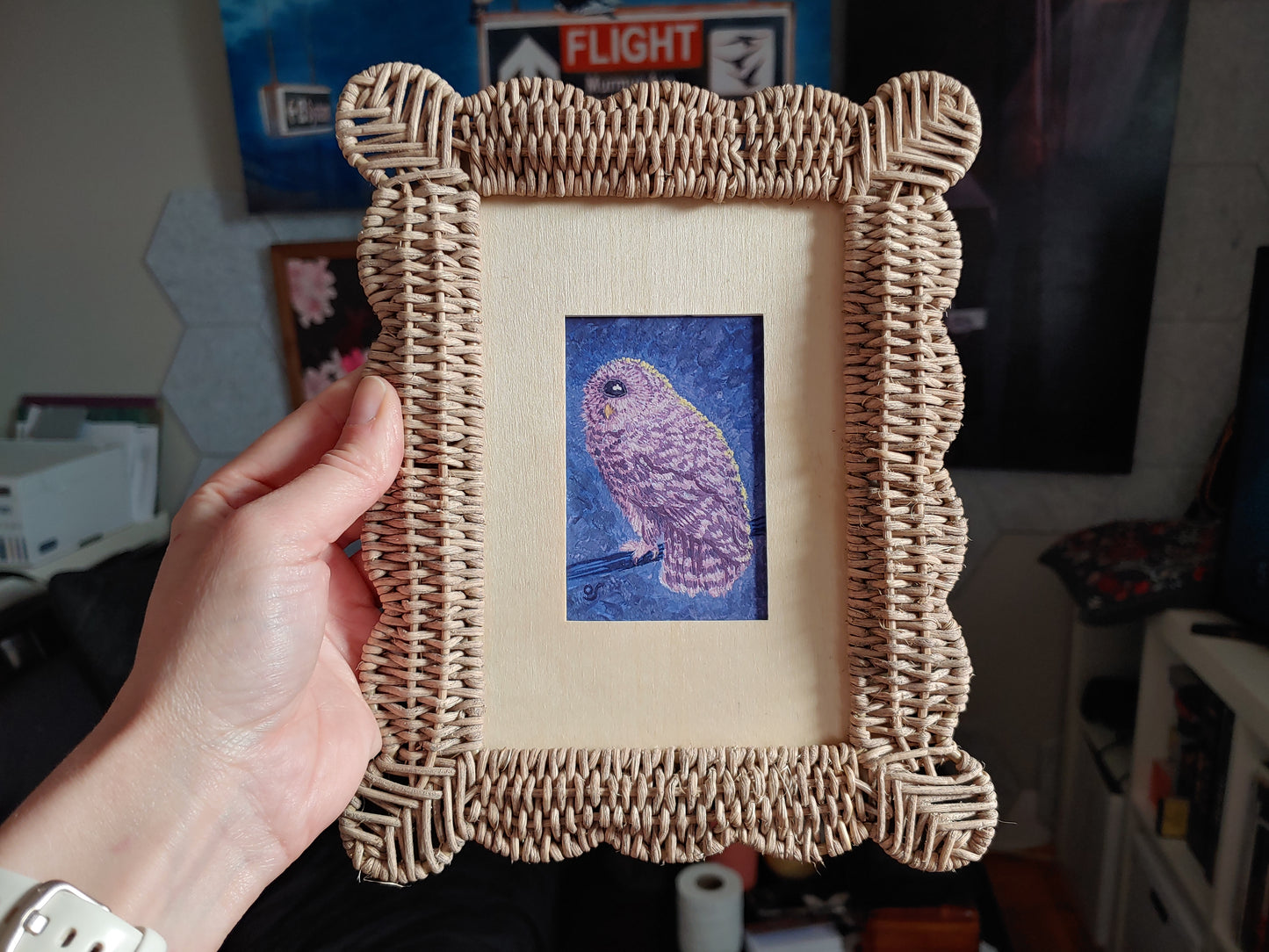 One Eyed Owl Tiny Painting Framed