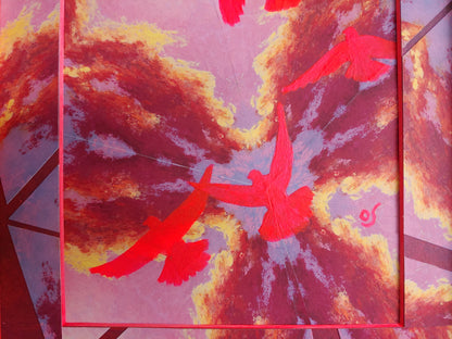 Neon Pink Pigeon Cloudburst Framed Painting