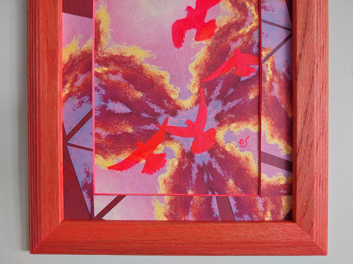 Neon Pink Pigeon Cloudburst Framed Painting
