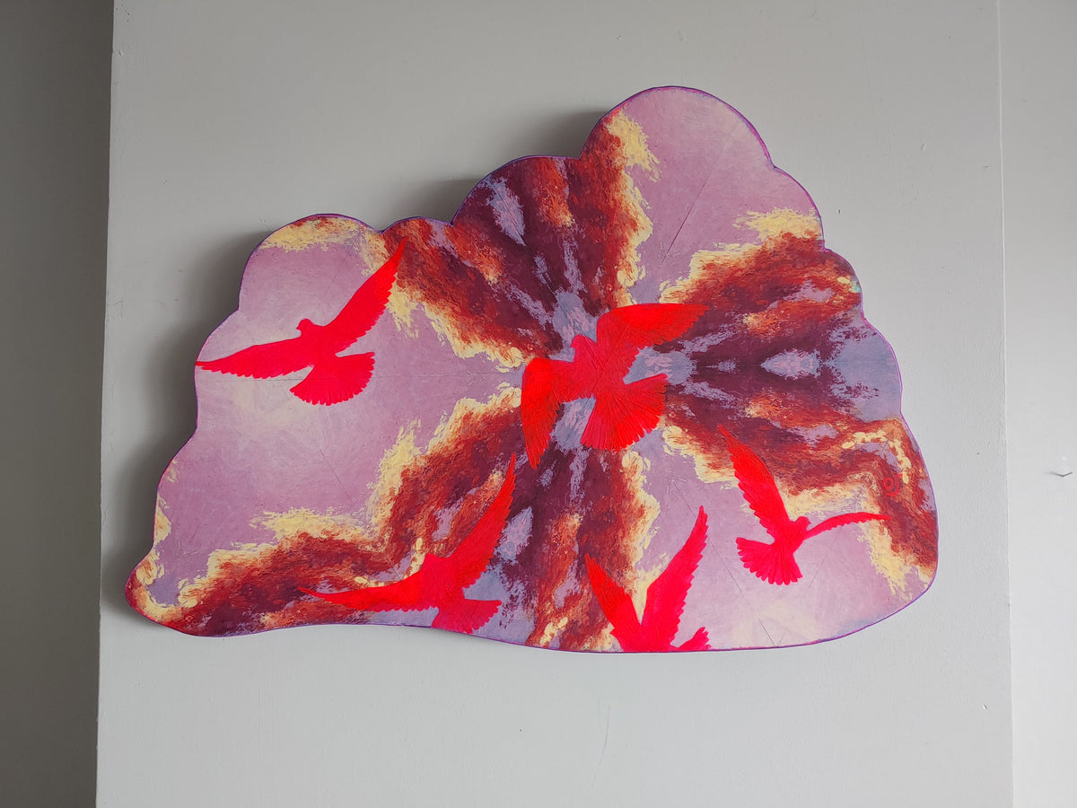 Neon Pink Pigeon Cloudburst Sculptural Painting