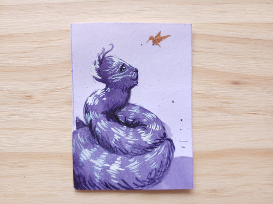 Purple + Copper Snake-Cat + Hummingbird ACEO