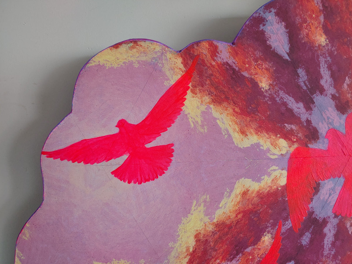 Neon Pink Pigeon Cloudburst Sculptural Painting