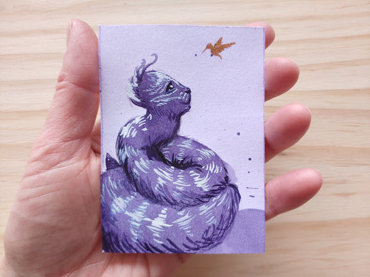 Purple + Copper Snake-Cat + Hummingbird ACEO
